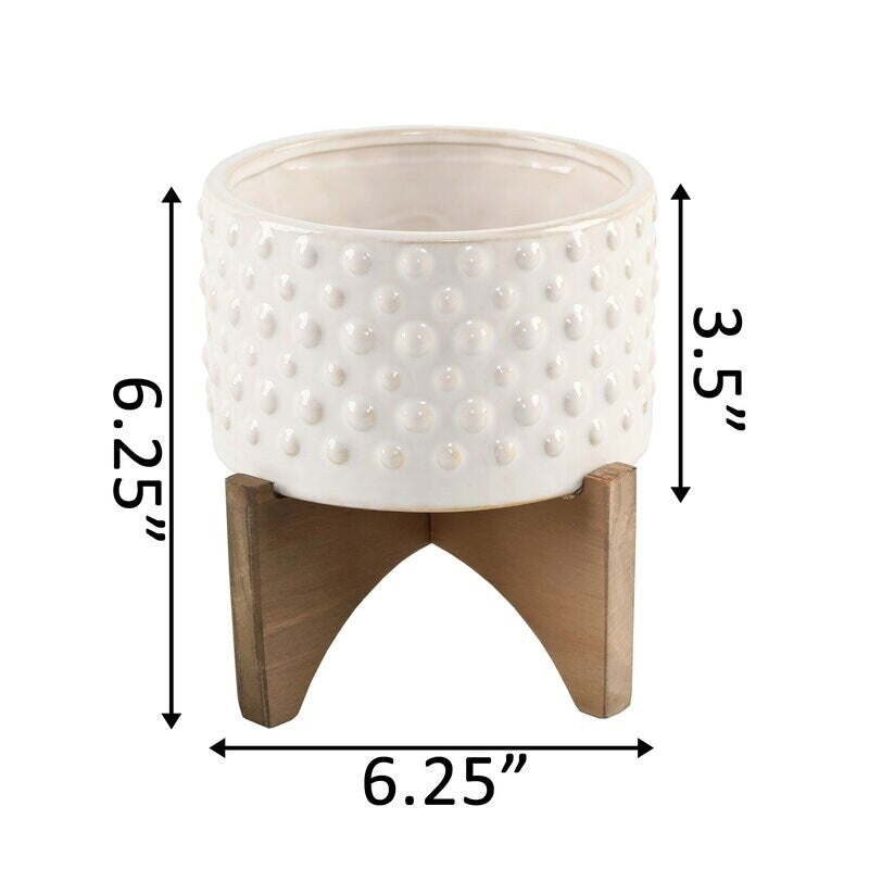 5" Hobnail Ceramic Planter on Wood Stand
