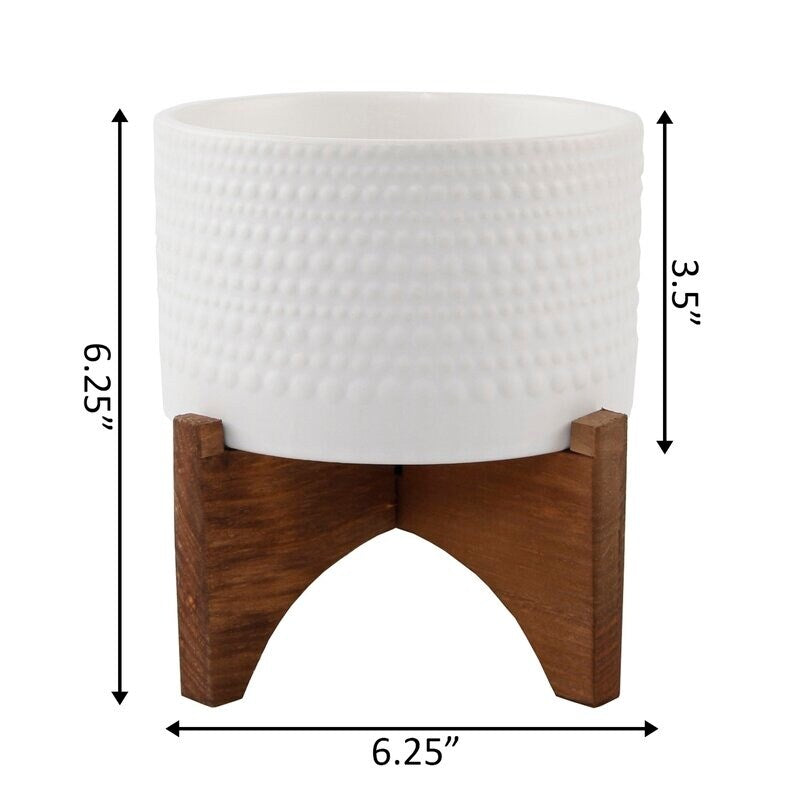 5" Hobnail Ceramic Planter on Wood Stand
