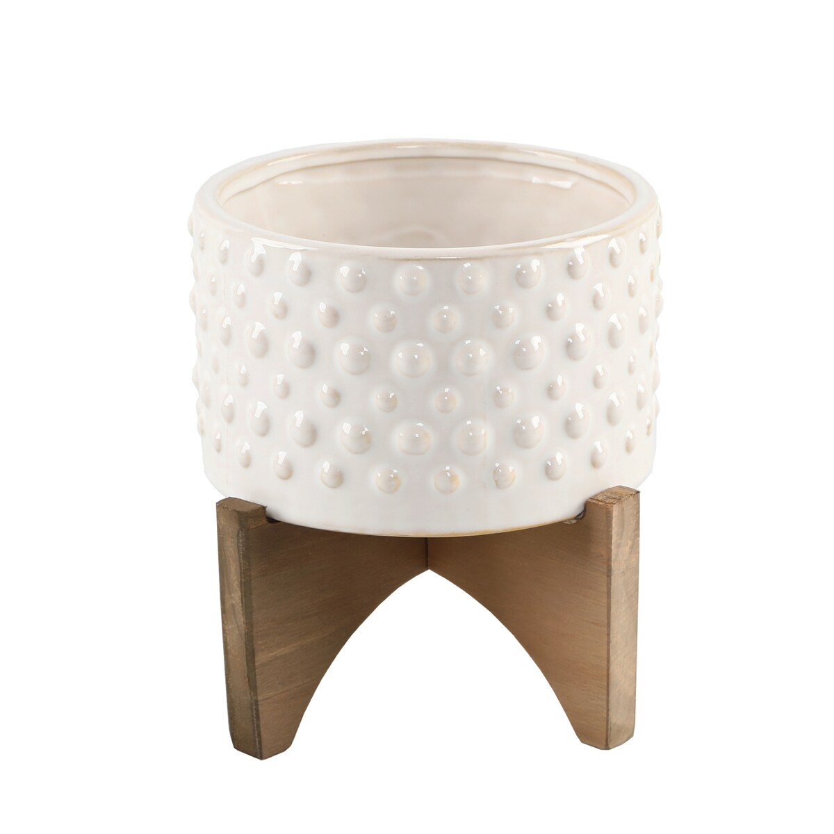 5" Hobnail Ceramic Planter on Wood Stand