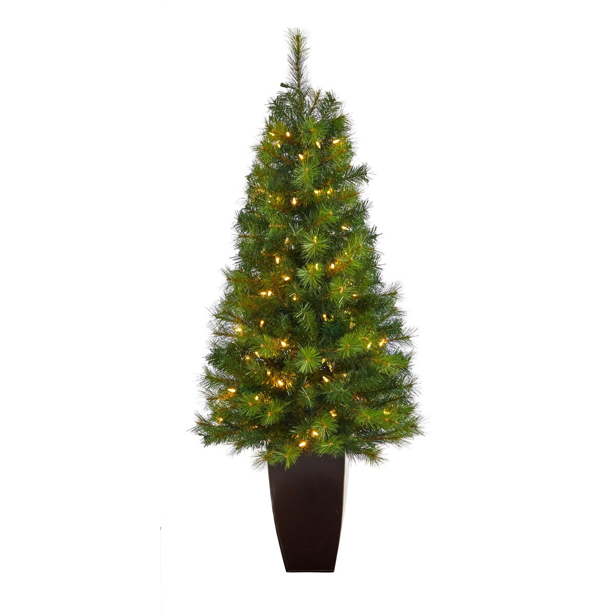 5' Green Valley Pine Artificial Christmas Tree with 100 Warm White LED Lights and 201 Bendable Branches in Bronze Metal Planter