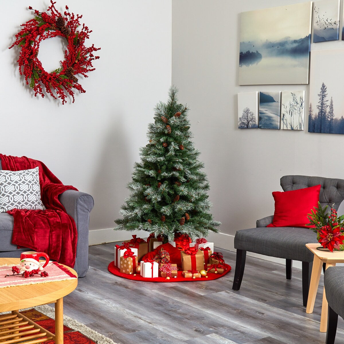5' Snowed French Alps Mountain Pine Artificial Christmas Tree with 387 Bendable Branches and Pine Cones