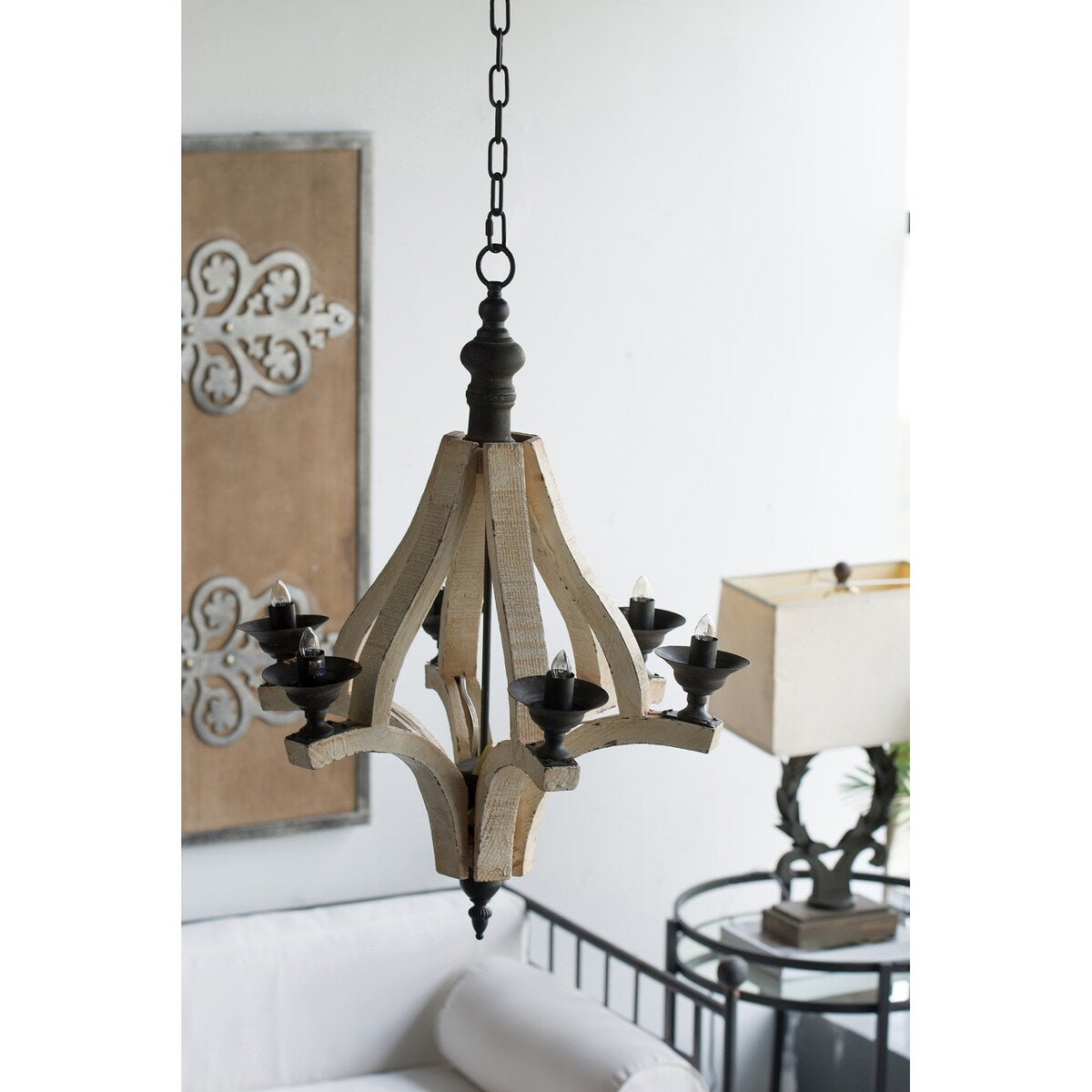6 - Light Wood Chandelier, Hanging Light Fixture with Adjustable Chain for Kitchen Dining Room Foyer Entryway, Bulb Not Included