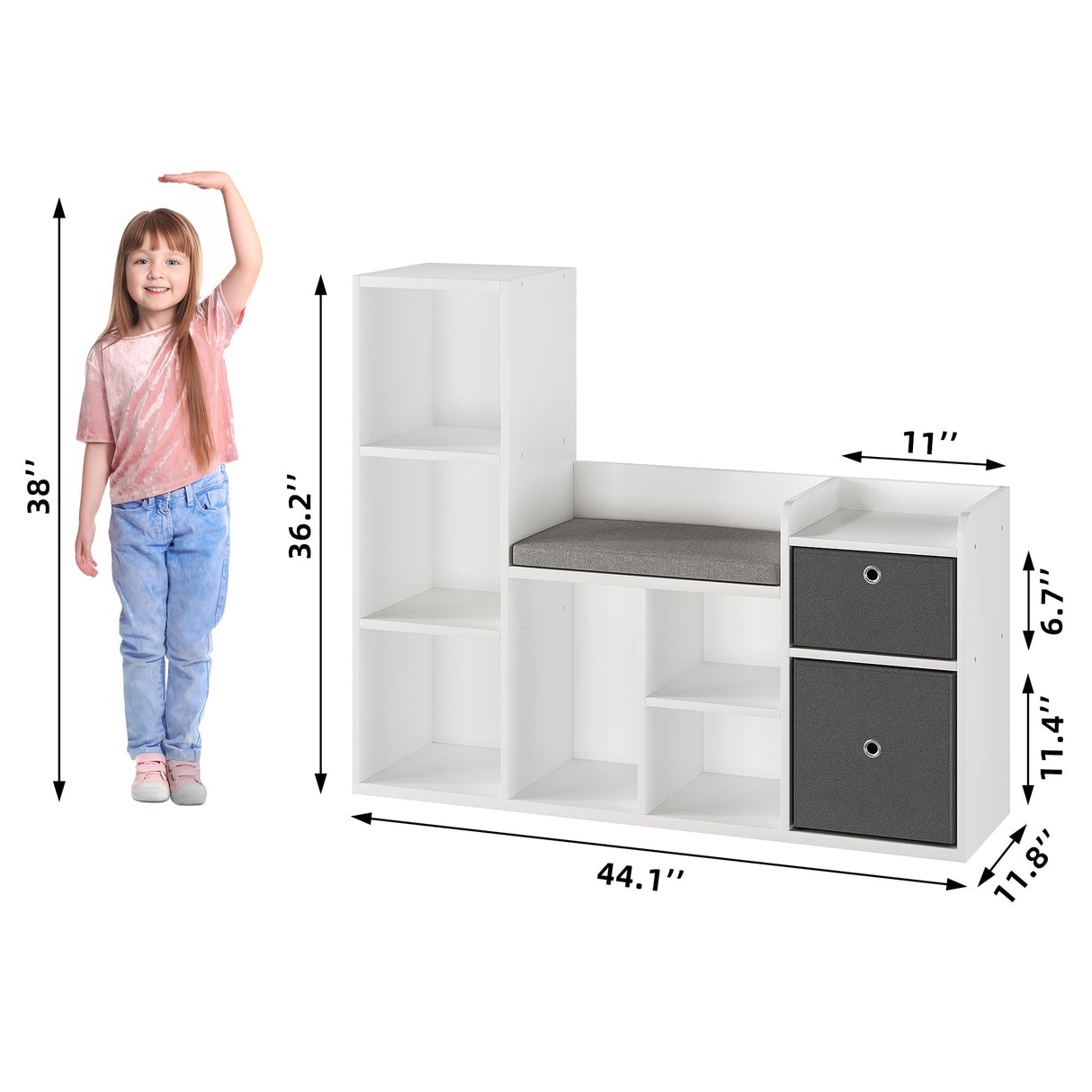 6-Cubby Kids Bookshelf with White Bookcase Seat Cushion for Kids Room