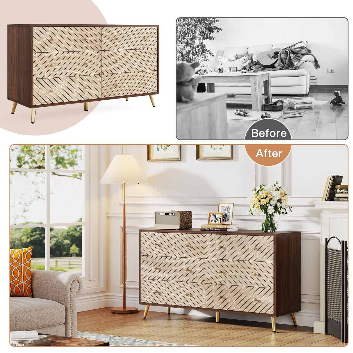 6-Drawer Double Dresser for Bedroom, 47-inch Chest of Drawers with Metal Legs for Living Room