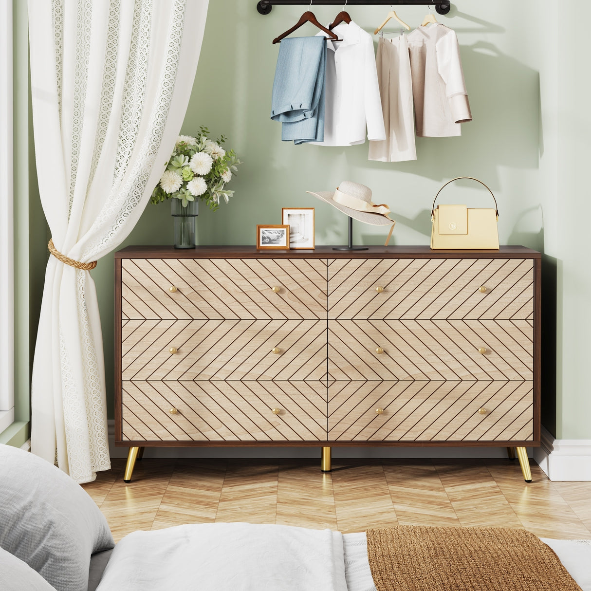 6-Drawer Double Dresser for Bedroom, 47-inch Chest of Drawers with Metal Legs for Living Room