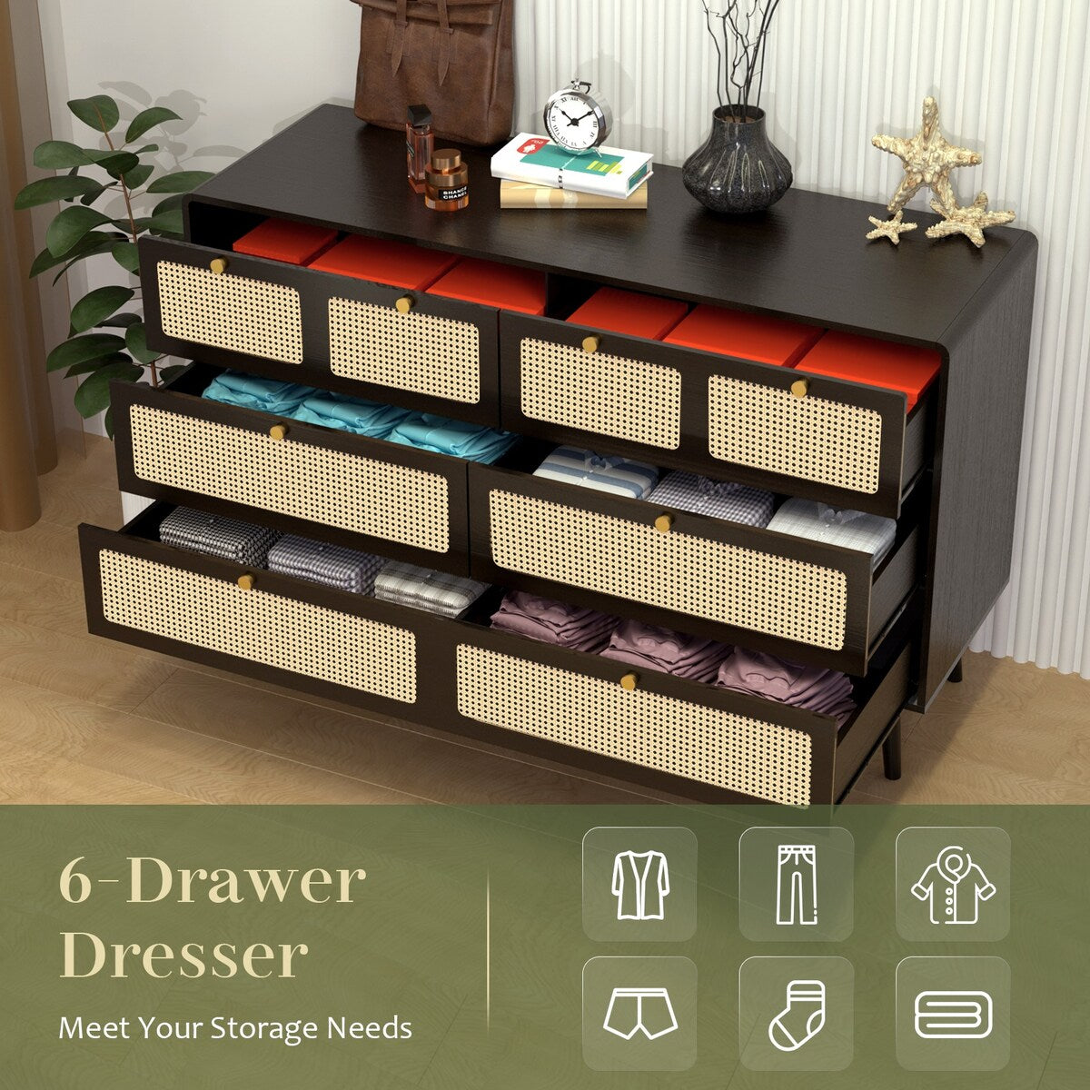 6 Drawer Dresser Modern Rattan Dresser Chest