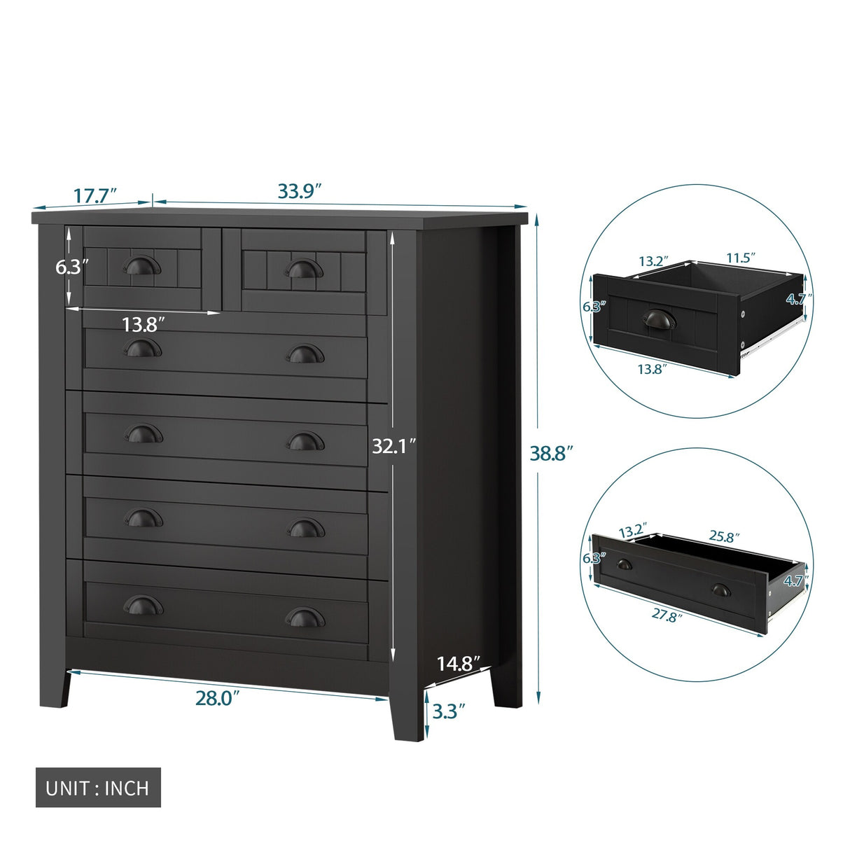 6 Drawer Dresser Tall Chest of Drawers for Bedroom,Retro Dressers & chests of drawers with Shell Handles