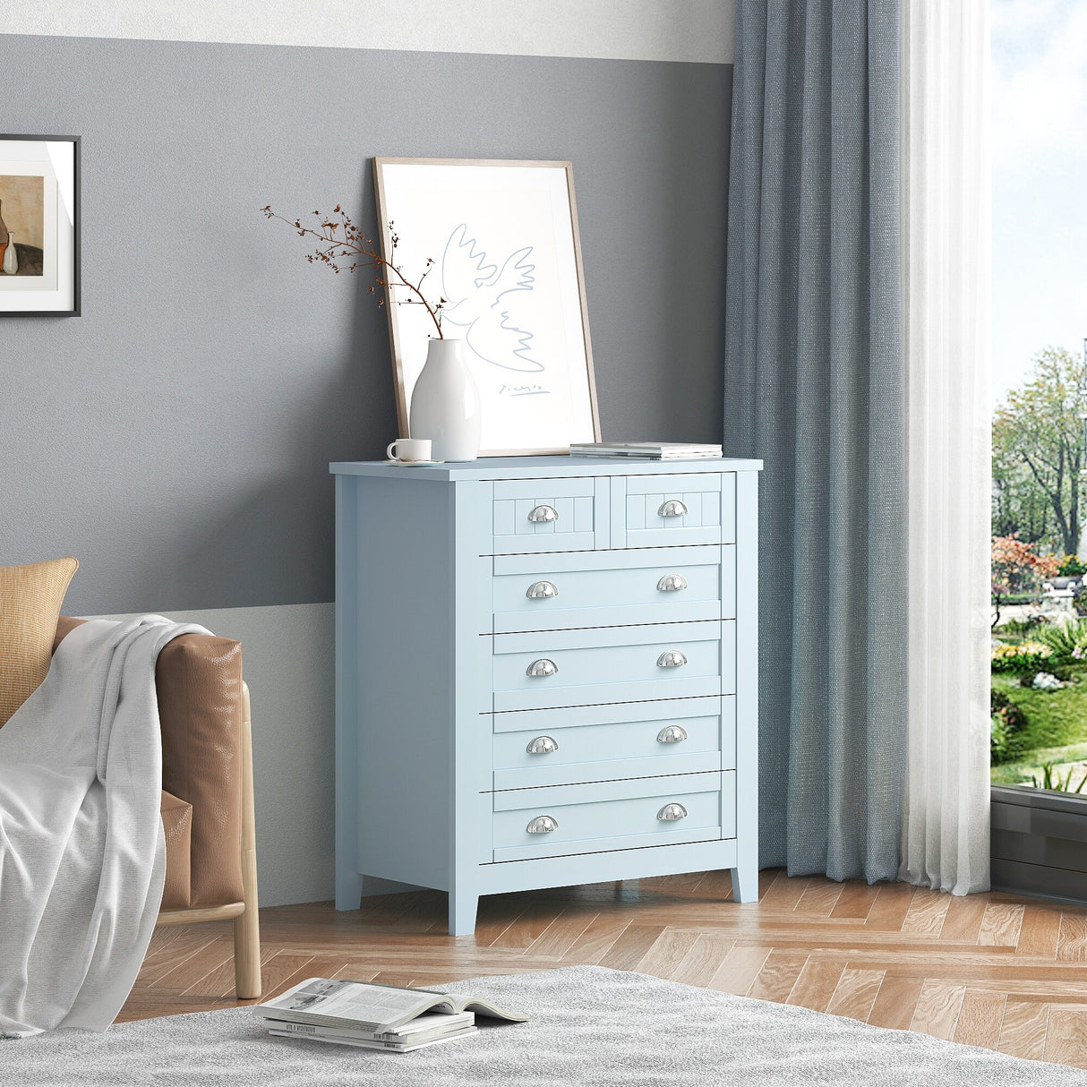 6 Drawer Dresser Tall Chest of Drawers for Bedroom,Retro Dressers & chests of drawers with Shell Handles