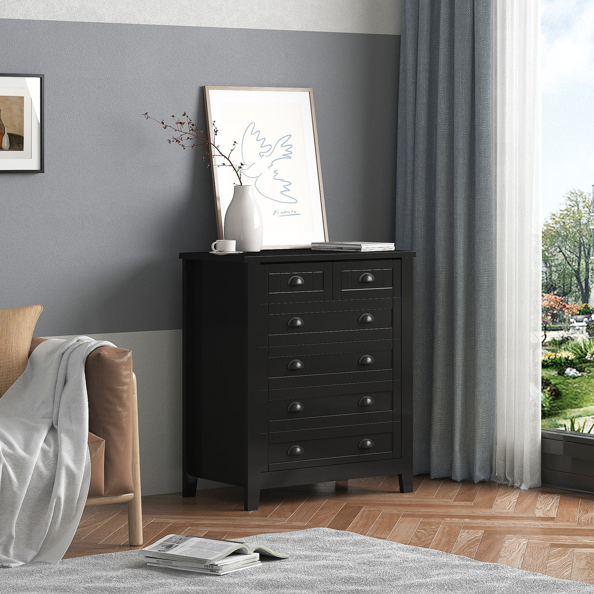 6 Drawer Dresser Tall Chest of Drawers for Bedroom,Retro Dressers & chests of drawers with Shell Handles