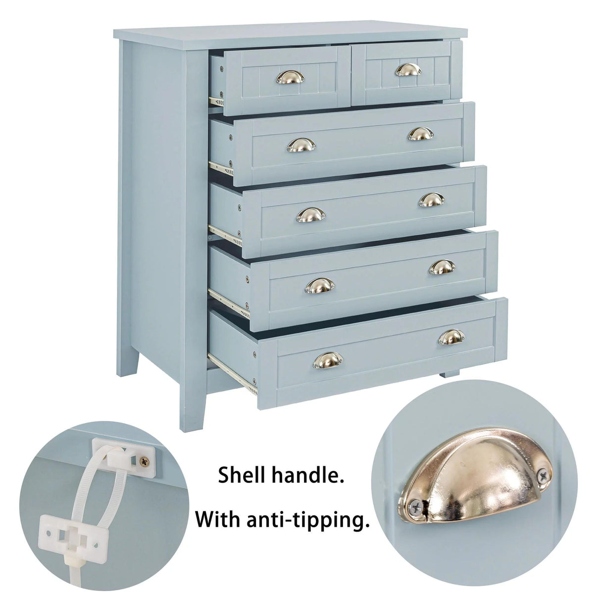 6 Drawer Dresser Tall Chest of Drawers for Bedroom,Retro Dressers & chests of drawers with Shell Handles