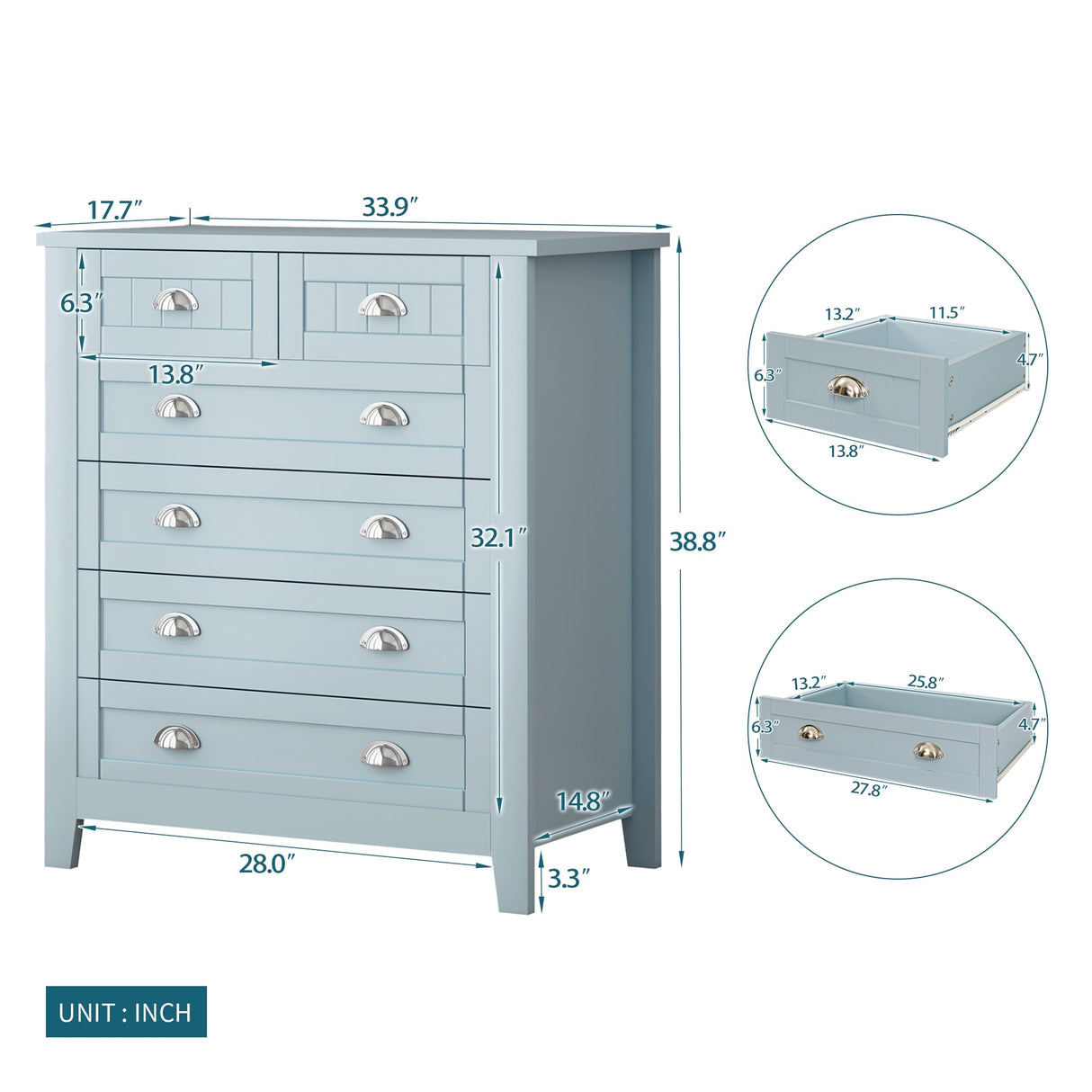 6 Drawer Dresser Tall Chest of Drawers for Bedroom,Retro Dressers & chests of drawers with Shell Handles