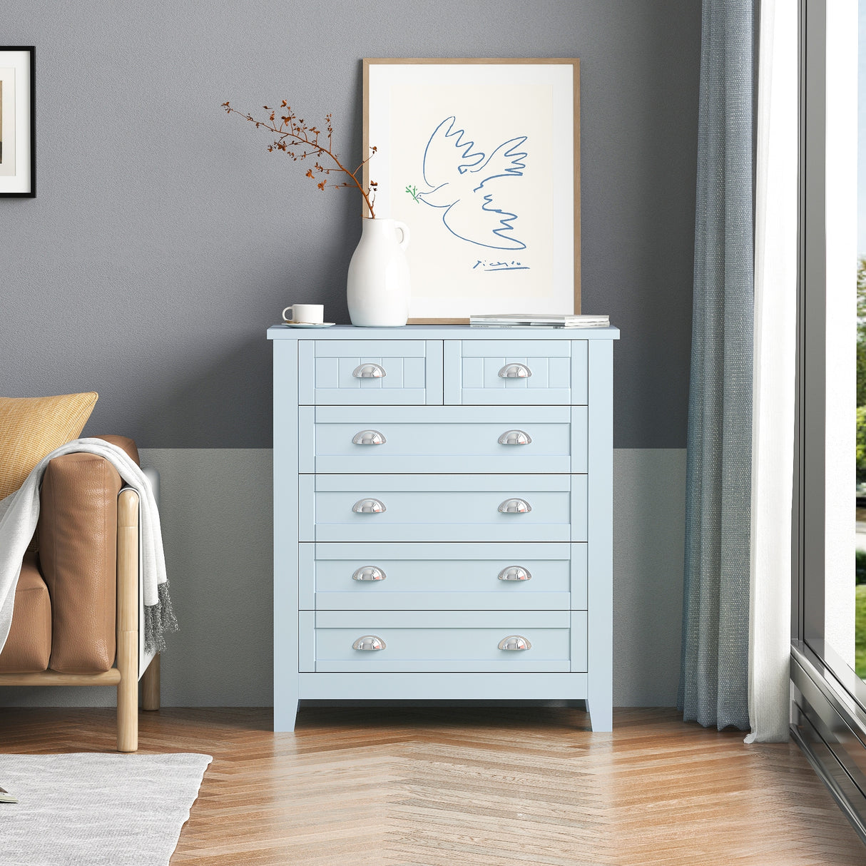 6 Drawer Dresser Tall Chest of Drawers for Bedroom,Retro Dressers & chests of drawers with Shell Handles