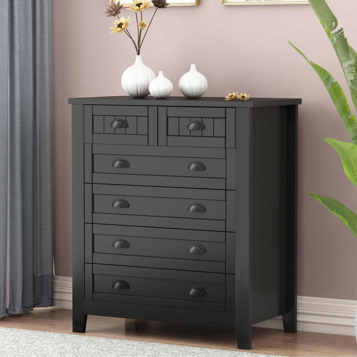 6 Drawer Dresser Tall Chest of Drawers for Bedroom,Retro Dressers & chests of drawers with Shell Handles