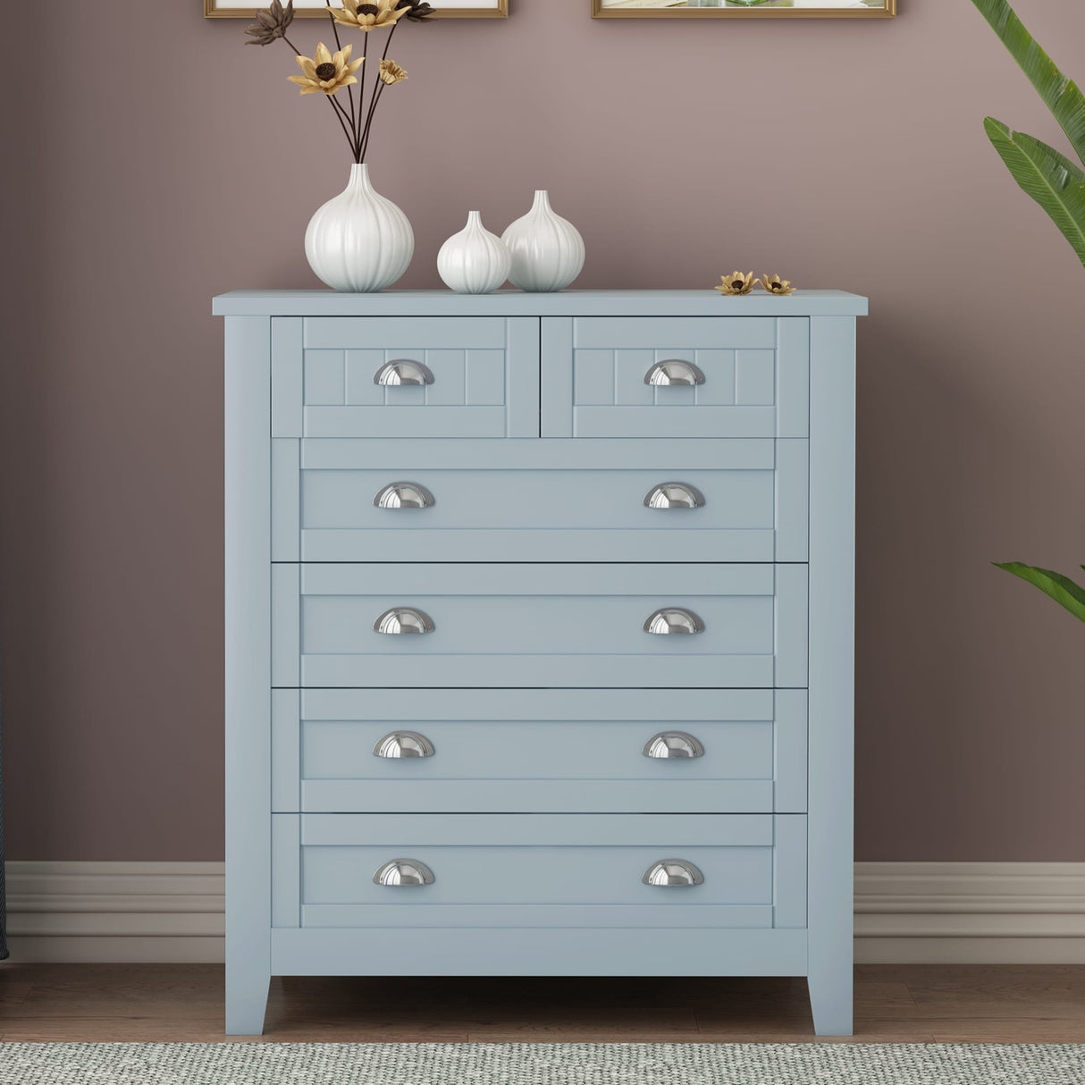 6 Drawer Dresser Tall Chest of Drawers for Bedroom,Retro Dressers & chests of drawers with Shell Handles