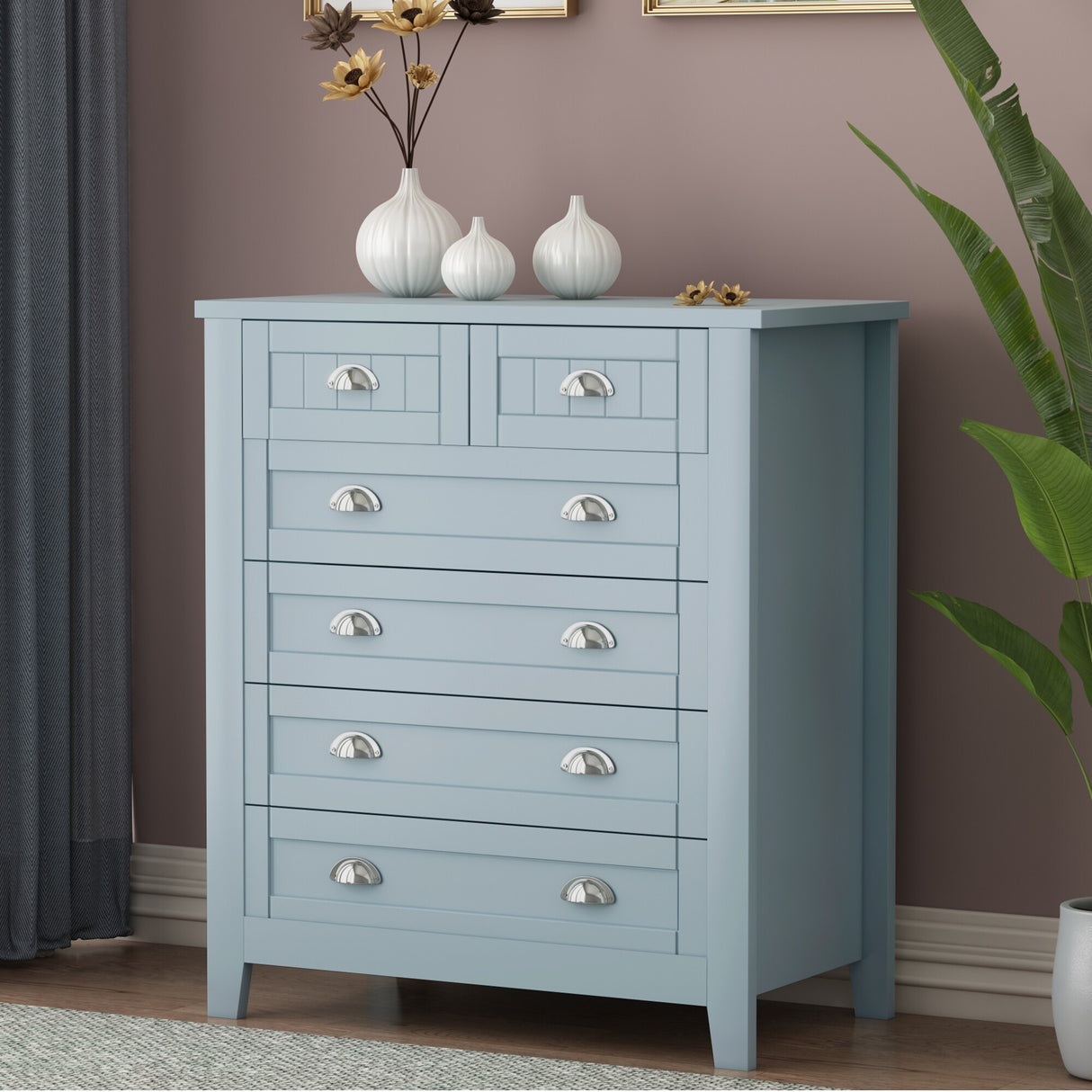 6 Drawer Dresser Tall Chest of Drawers for Bedroom,Retro Dressers & chests of drawers with Shell Handles
