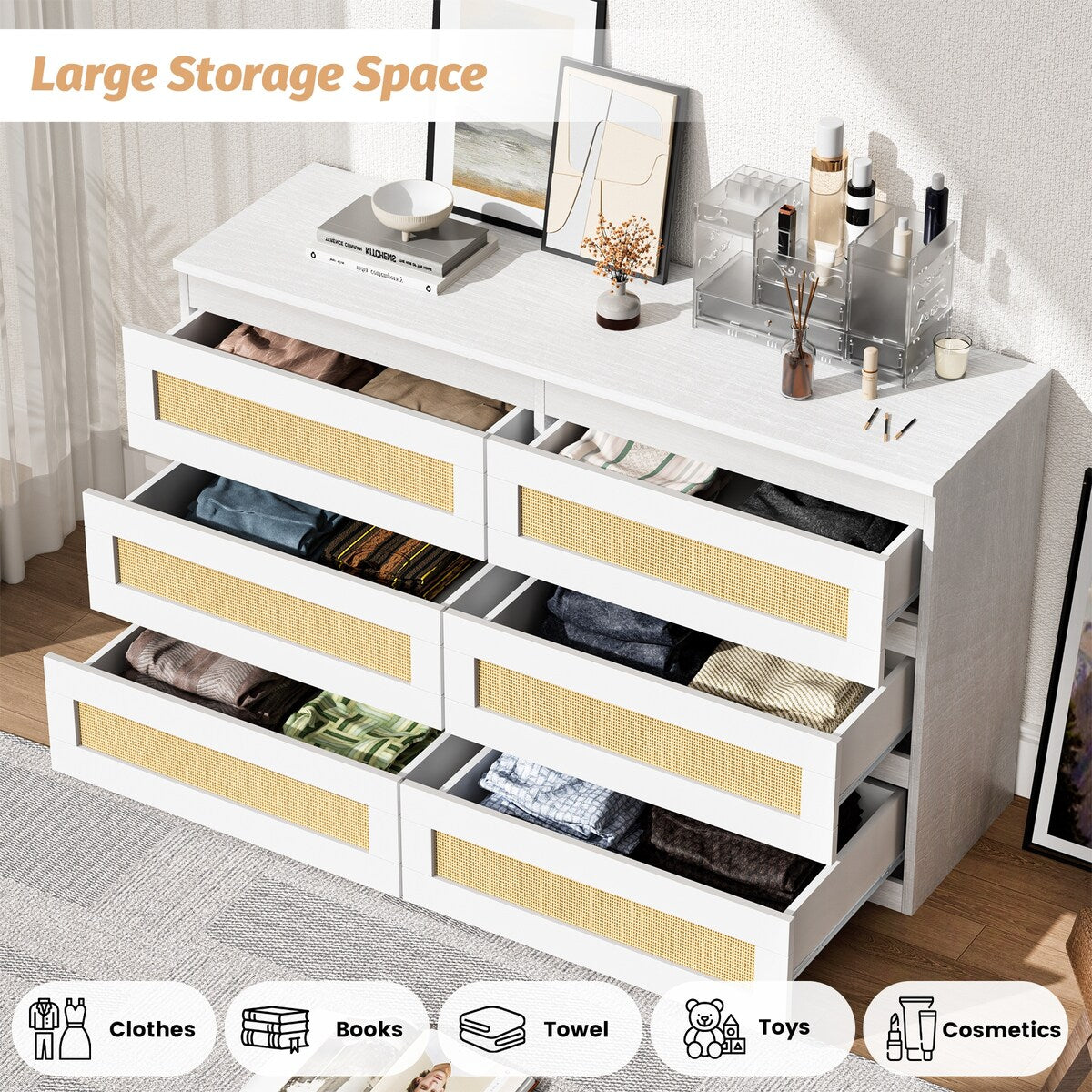 6 Drawer Dresser for Bedroom, Modern Wide Chest of Drawers