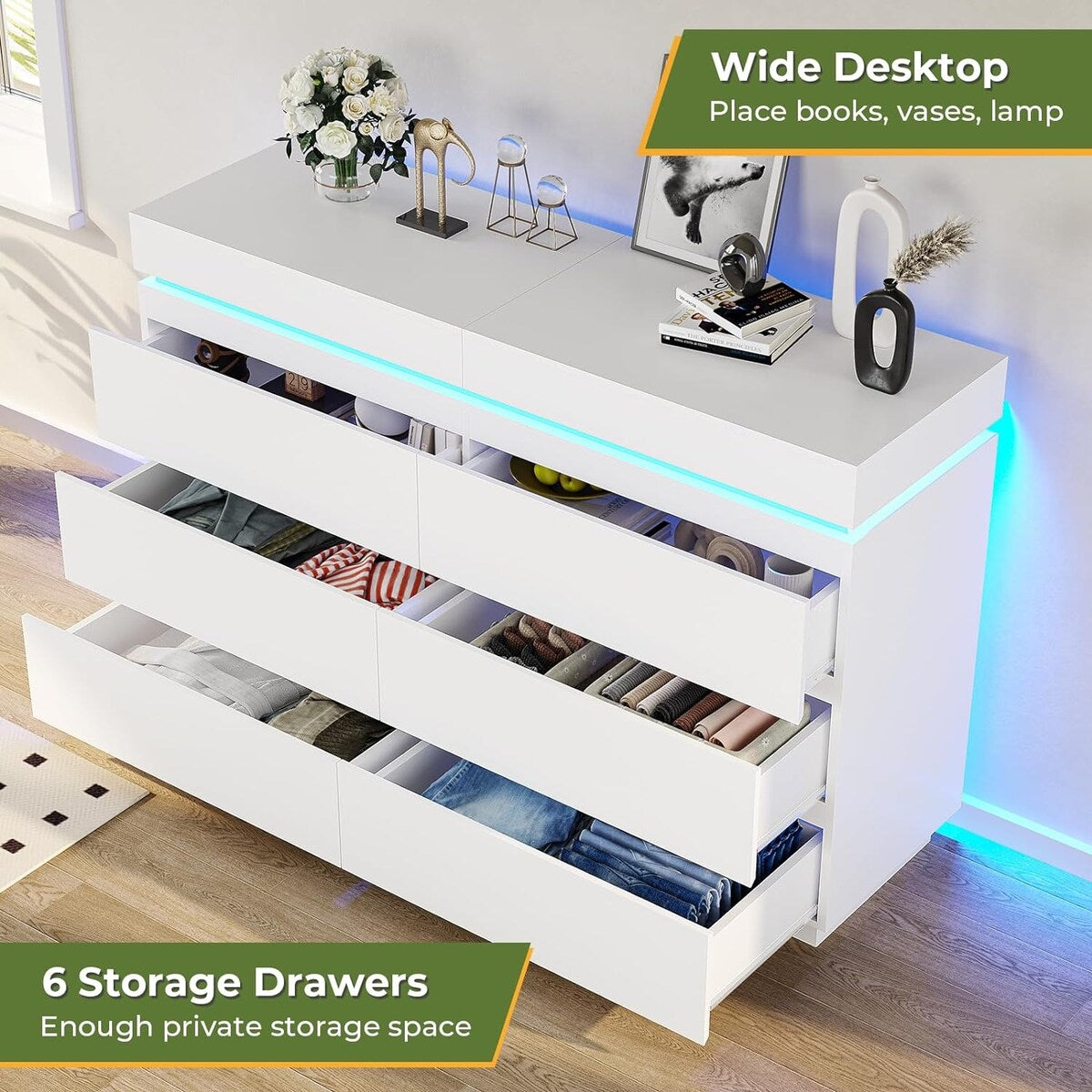 6 Drawer Dresser with Sliding Desktop Chest of Drawers Bedroom