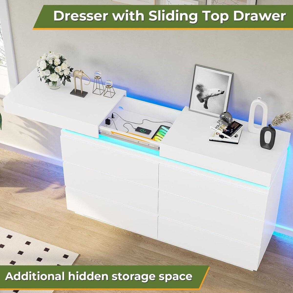 6 Drawer Dresser with Sliding Desktop Chest of Drawers Bedroom