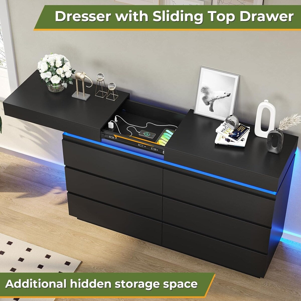 6 Drawer Dresser with Sliding Desktop Chest of Drawers Bedroom