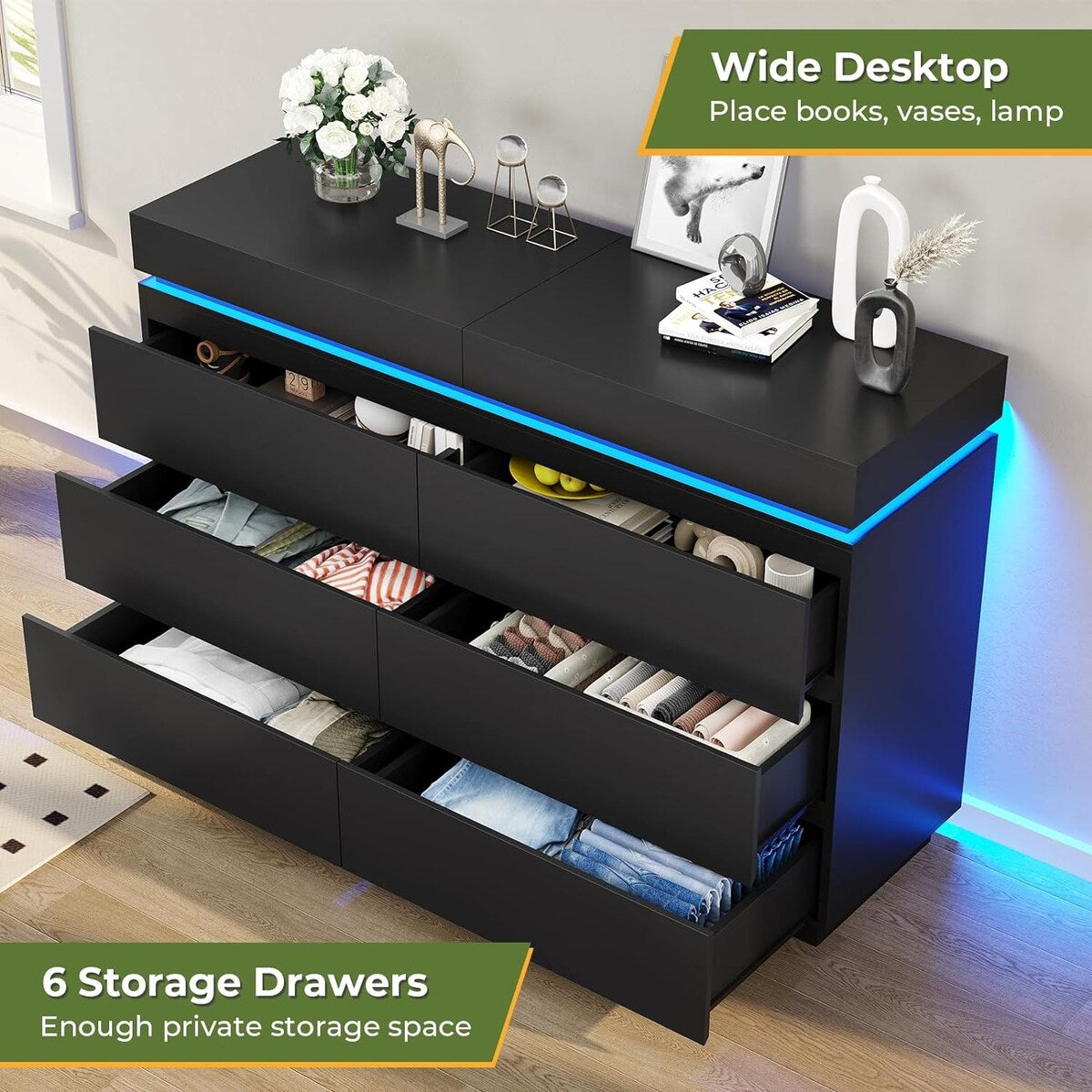 6 Drawer Dresser with Sliding Desktop Chest of Drawers Bedroom