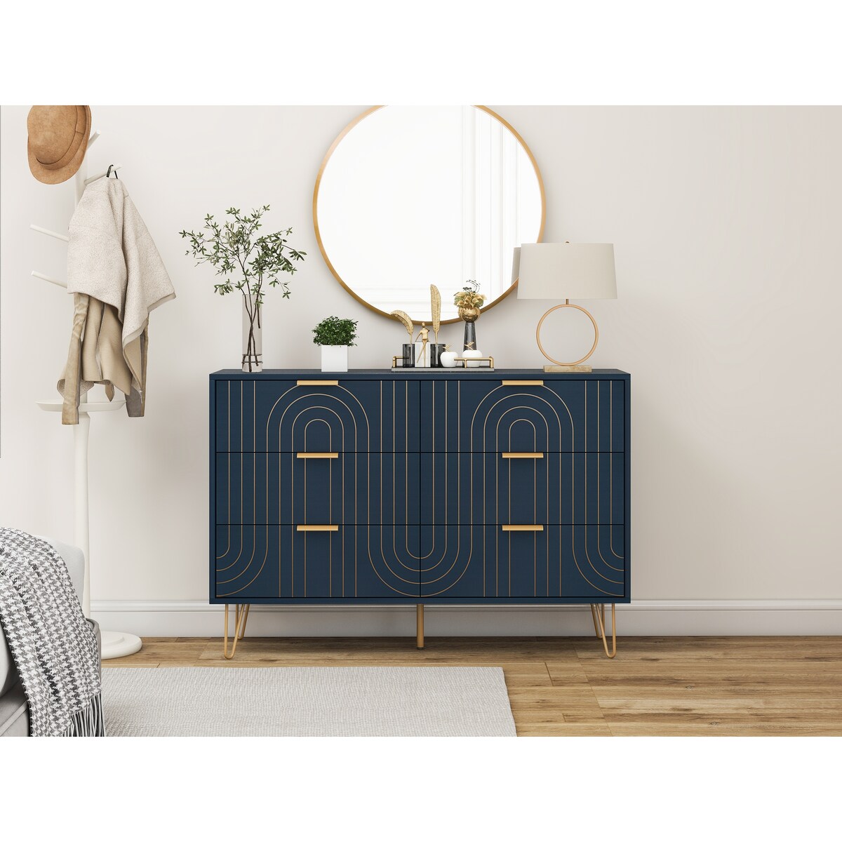 6 Drawer Dresser, Dresser with Metal Handles, Storage Chest of Drawer, Wide Dresser Drawer Organizers with Carving Design