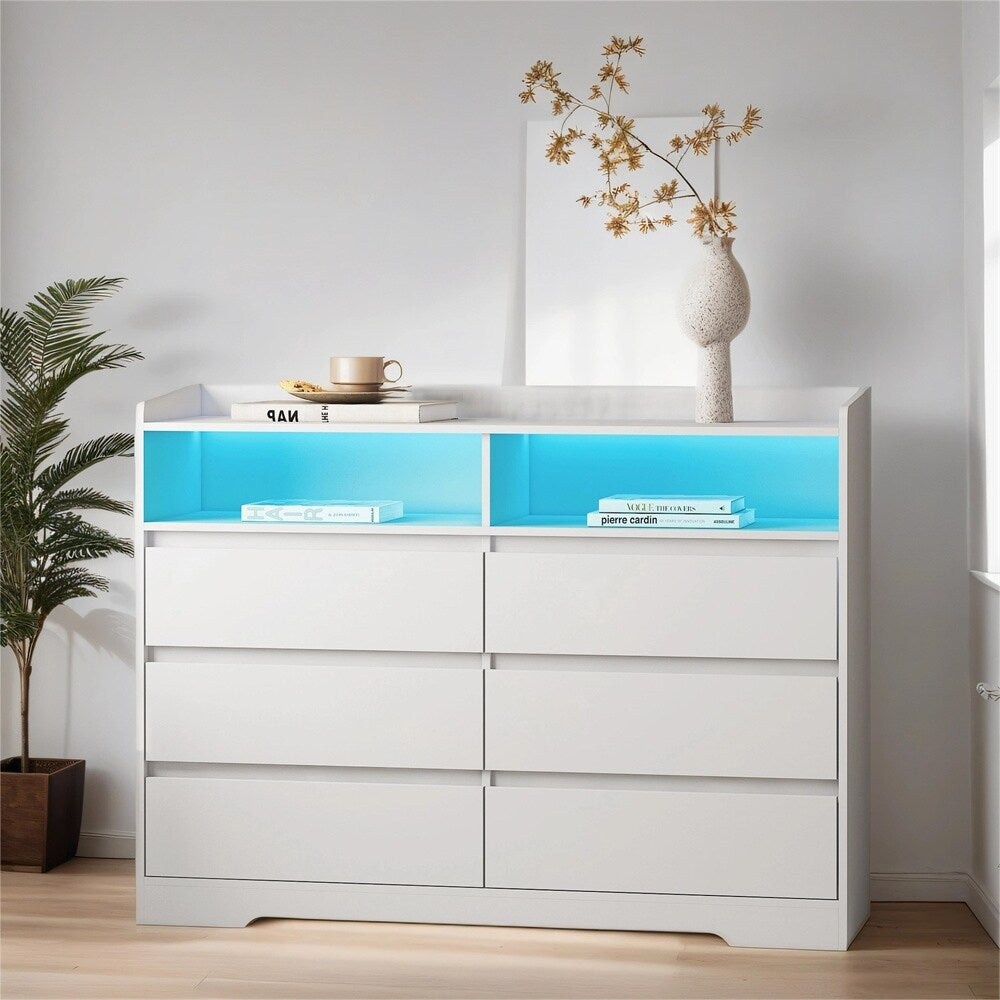 6 Drawer White Dresser with LED Lights, Modern Dressers & Chests