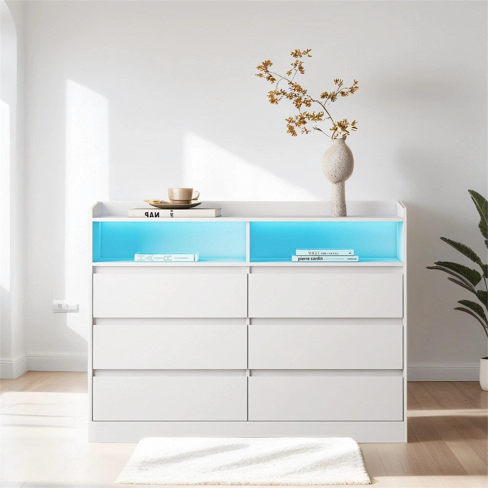 6 Drawer White Dresser with LED Lights, Modern Dressers & Chests