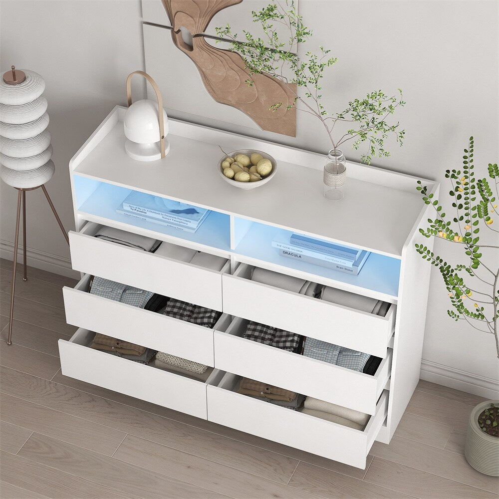 6 Drawer White Dresser with LED Lights, Modern Dressers & Chests
