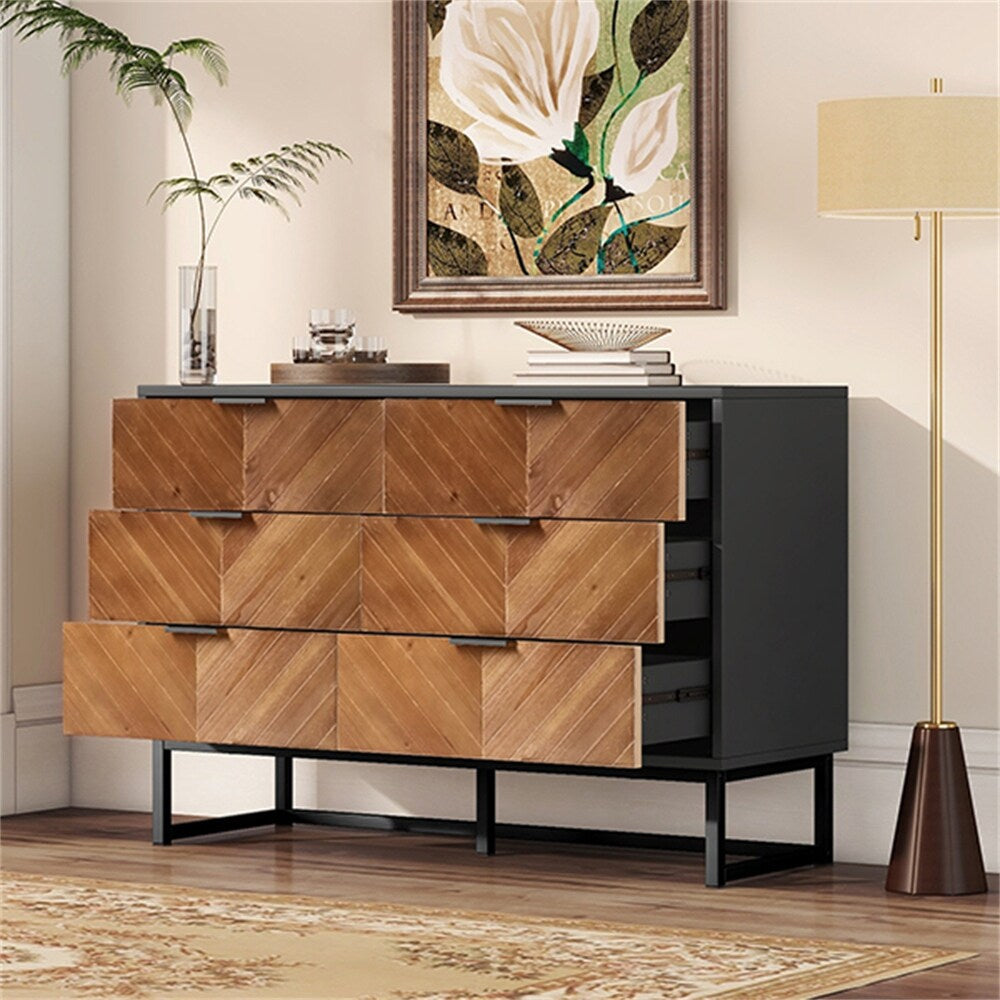 6-Drawer Wood Finish Dresser with Metal Leg and Handle