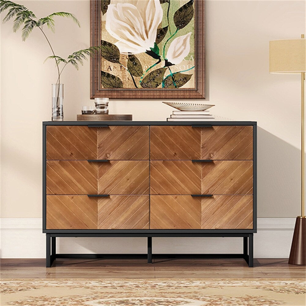 6-Drawer Wood Finish Dresser with Metal Leg and Handle