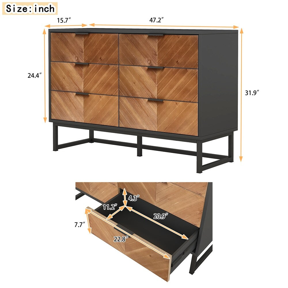6-Drawer Wood Finish Dresser with Metal Leg and Handle