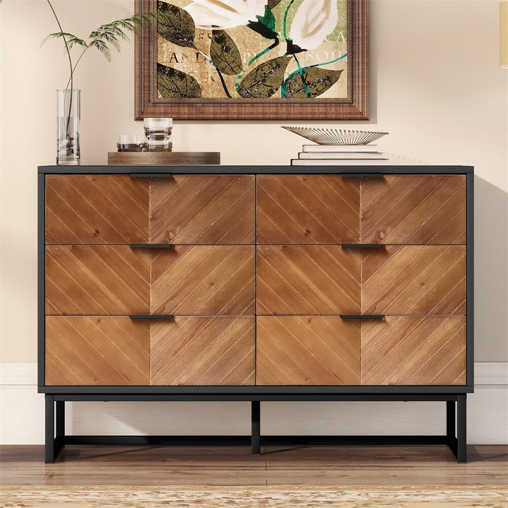 6-Drawer Wood Finish Dresser with Metal Leg and Handle