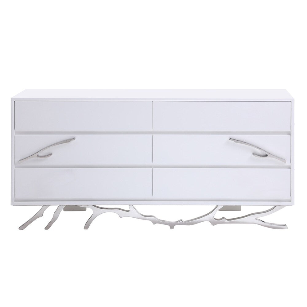 6 Drawer Wooden Dresser with Metal Legs and Accents, White and Silver