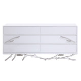 6 Drawer Wooden Dresser with Metal Legs and Accents, White and Silver