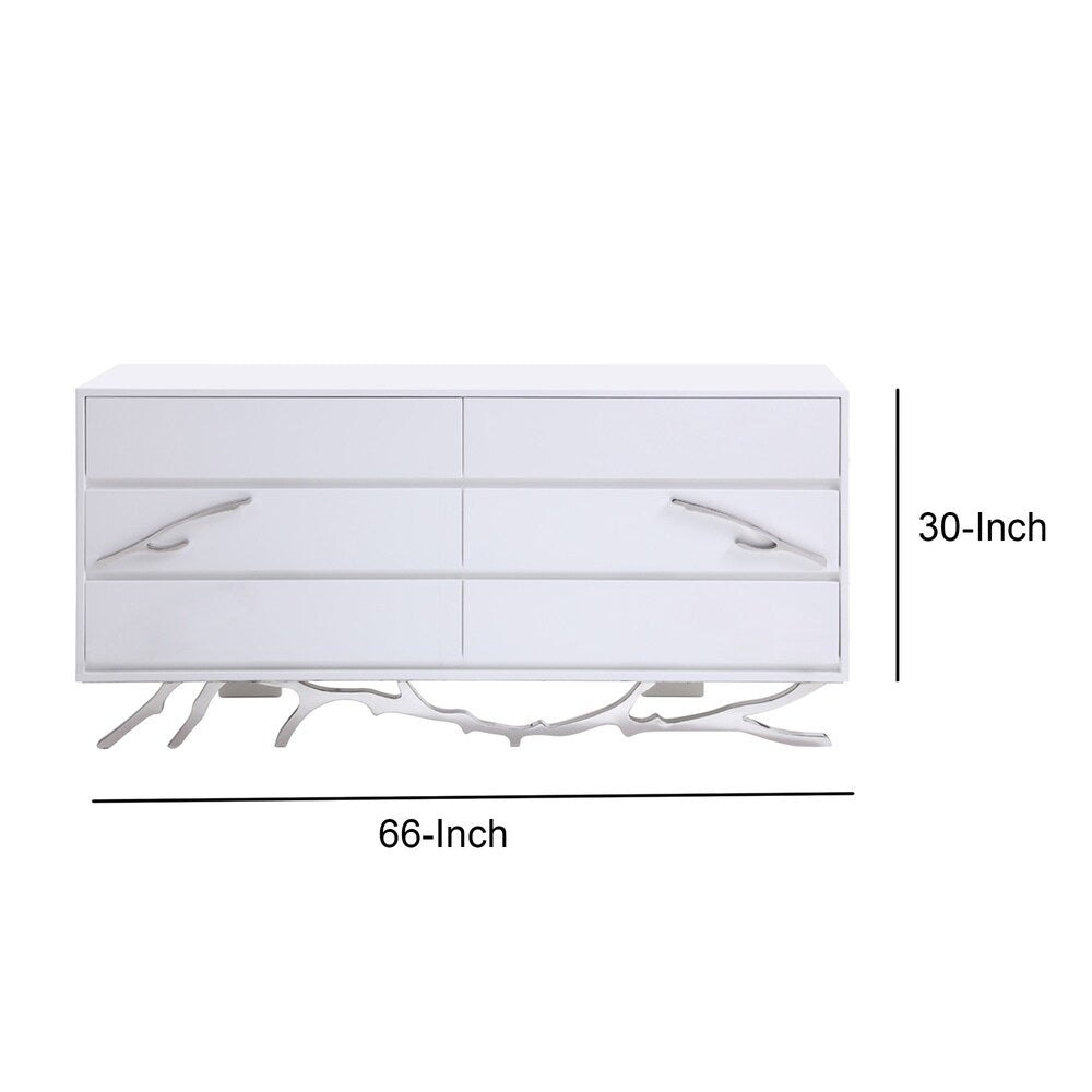 6 Drawer Wooden Dresser with Metal Legs and Accents, White and Silver
