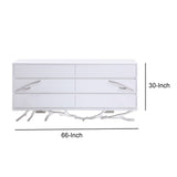 6 Drawer Wooden Dresser with Metal Legs and Accents, White and Silver