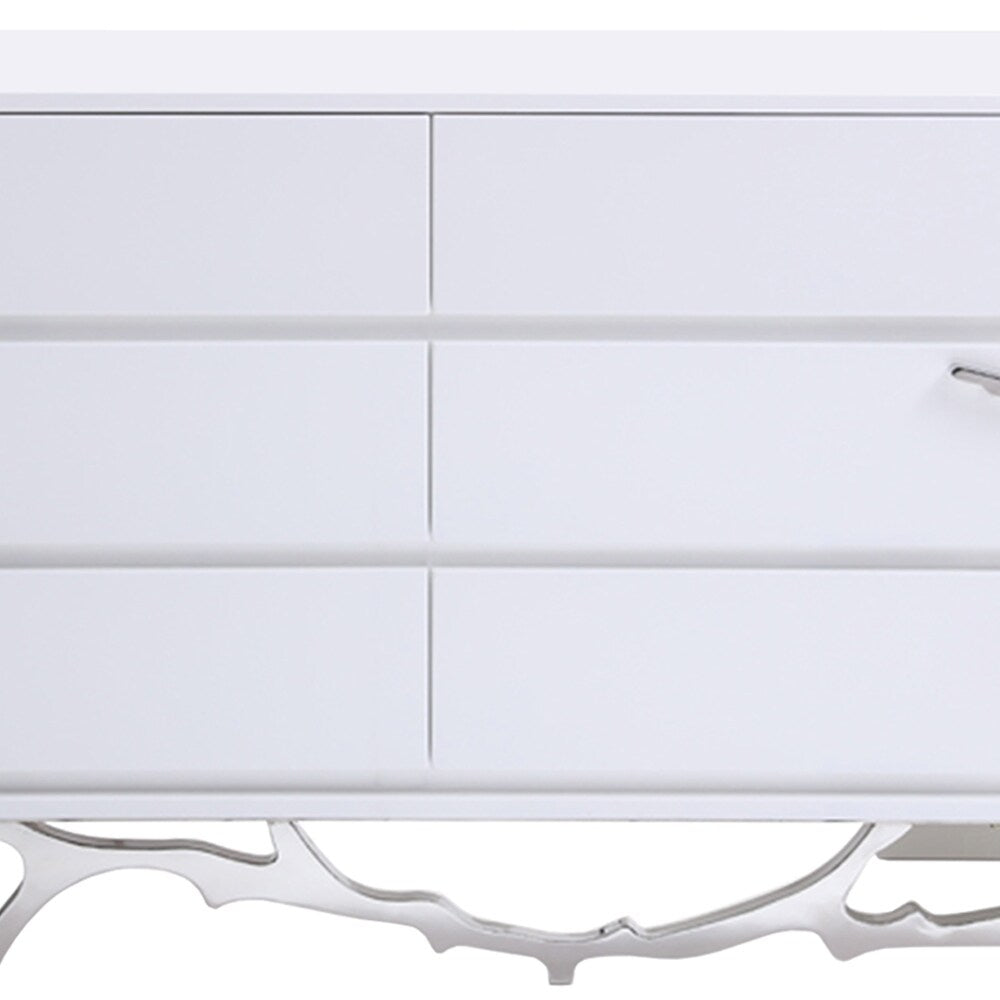 6 Drawer Wooden Dresser with Metal Legs and Accents, White and Silver