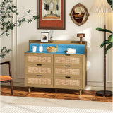 6-Drawers Rattan Storage Cabinet with LED Lights and Power Outlet