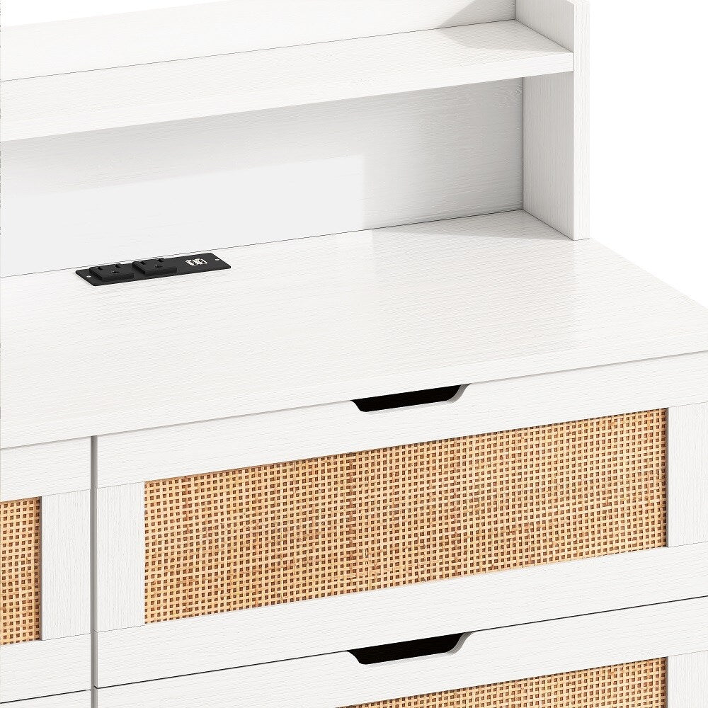 6-Drawers Rattan Storage Cabinet with LED Lights and Power Outlet