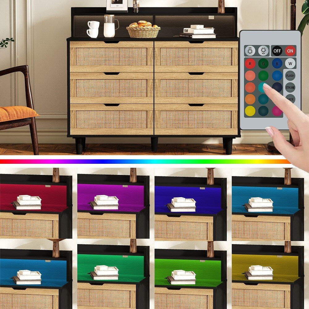 6-Drawers Rattan Storage Cabinet with LED Lights and Power Outlet