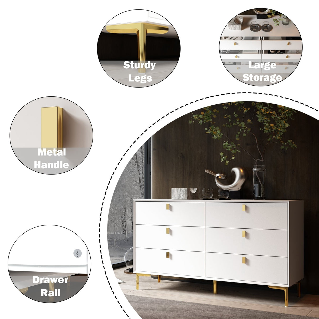 6 Drawers Storage Dresser Mid Century Chest of Drawer Sideboard
