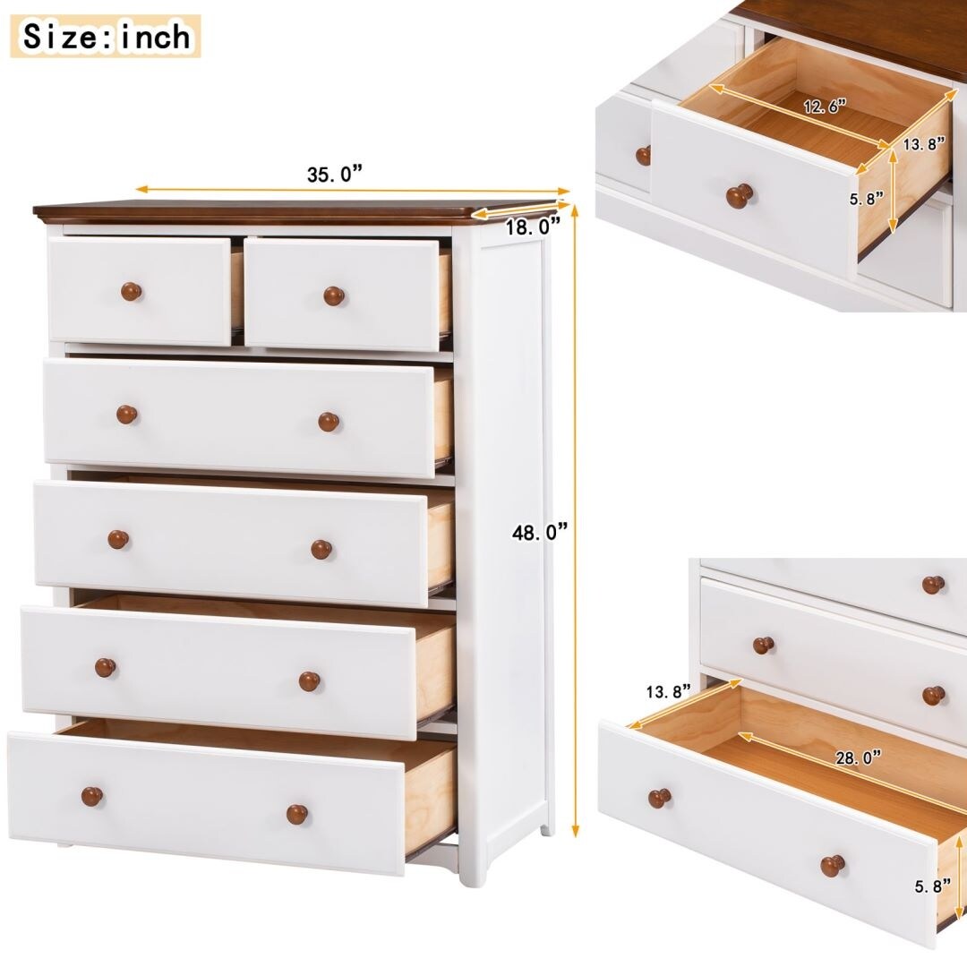 6 Drawers Wooden Chest with Wood Top Storage Cabinet Bedside White