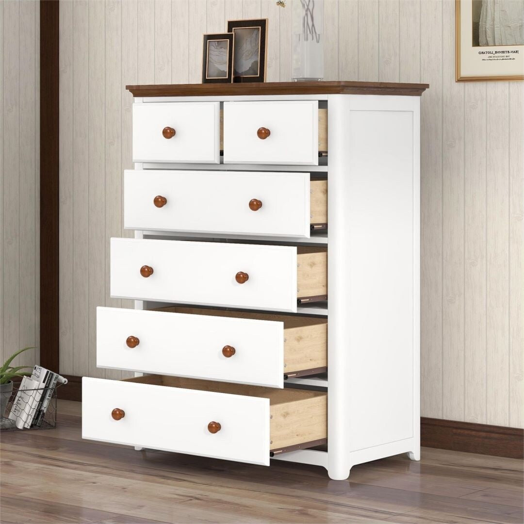6 Drawers Wooden Chest with Wood Top Storage Cabinet Bedside White