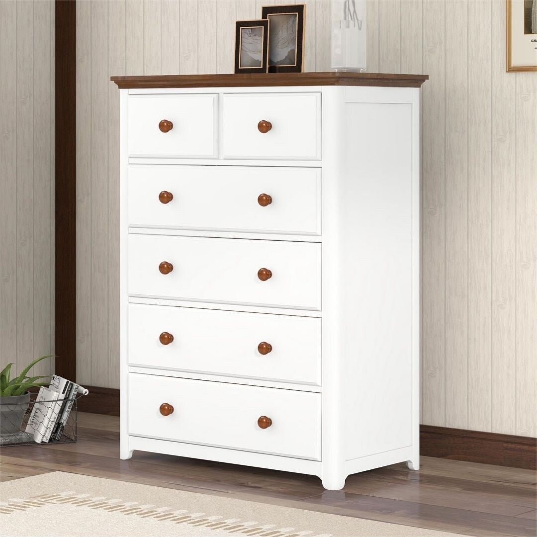 6 Drawers Wooden Chest with Wood Top Storage Cabinet Bedside White