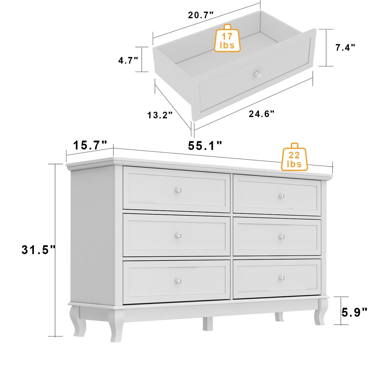 6 Drawes Dresser Organizer Chest Bedroom Livingroom(White/Black)
