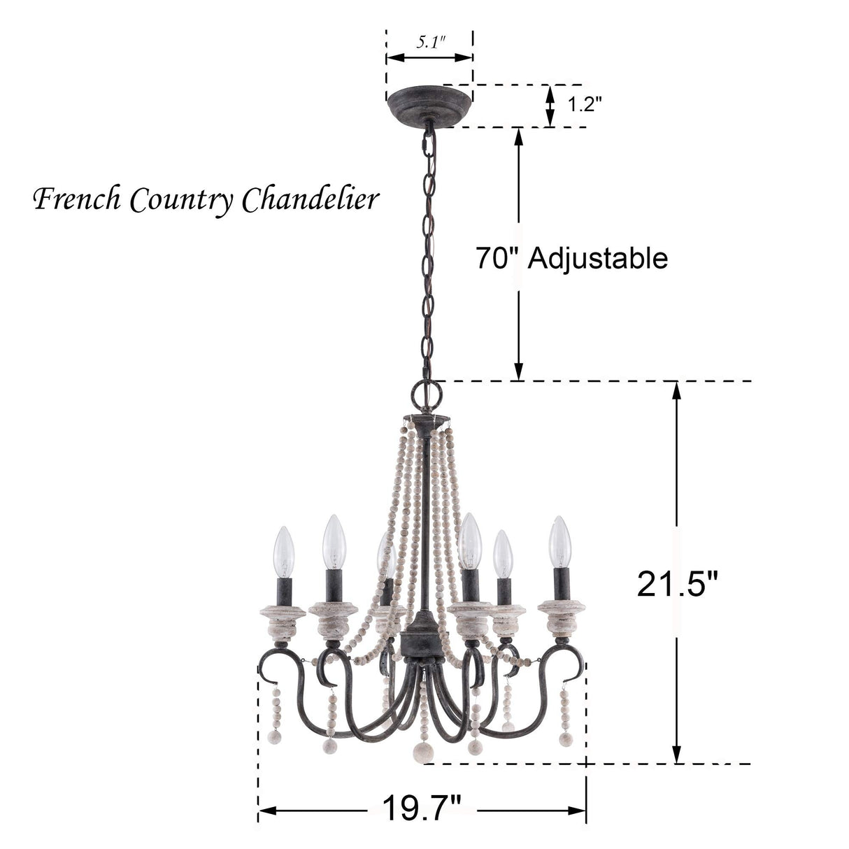 6-Light Vintage French Country Chandelier Dimmable Pendant Light - 20"X22"