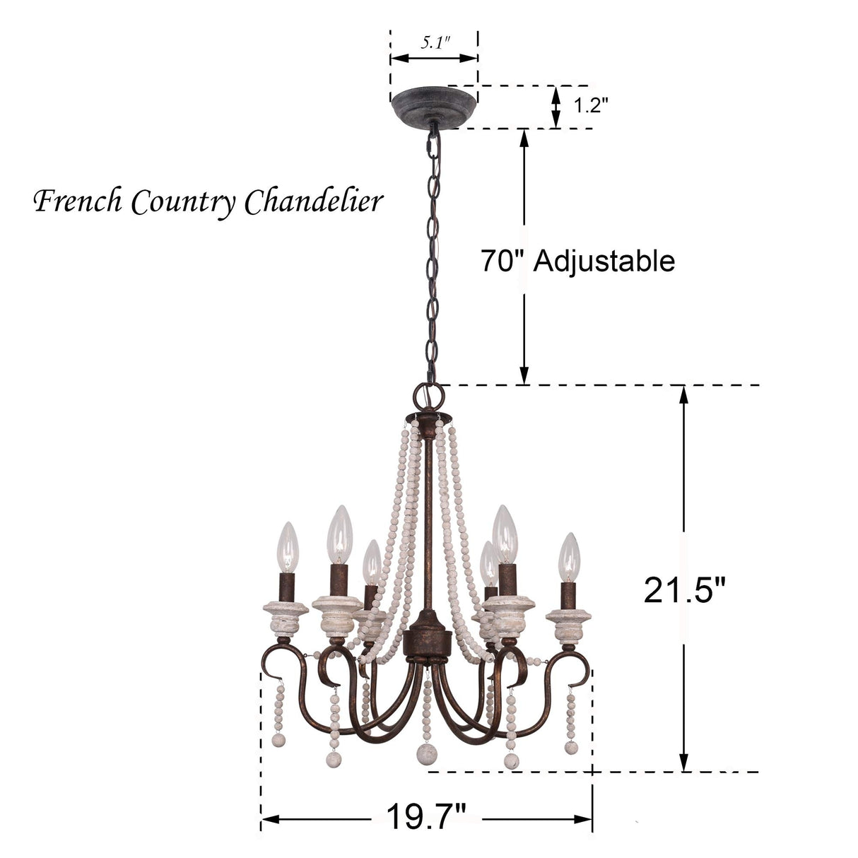 6-Light Vintage French Country Chandelier Dimmable Pendant Light - 20"X22"
