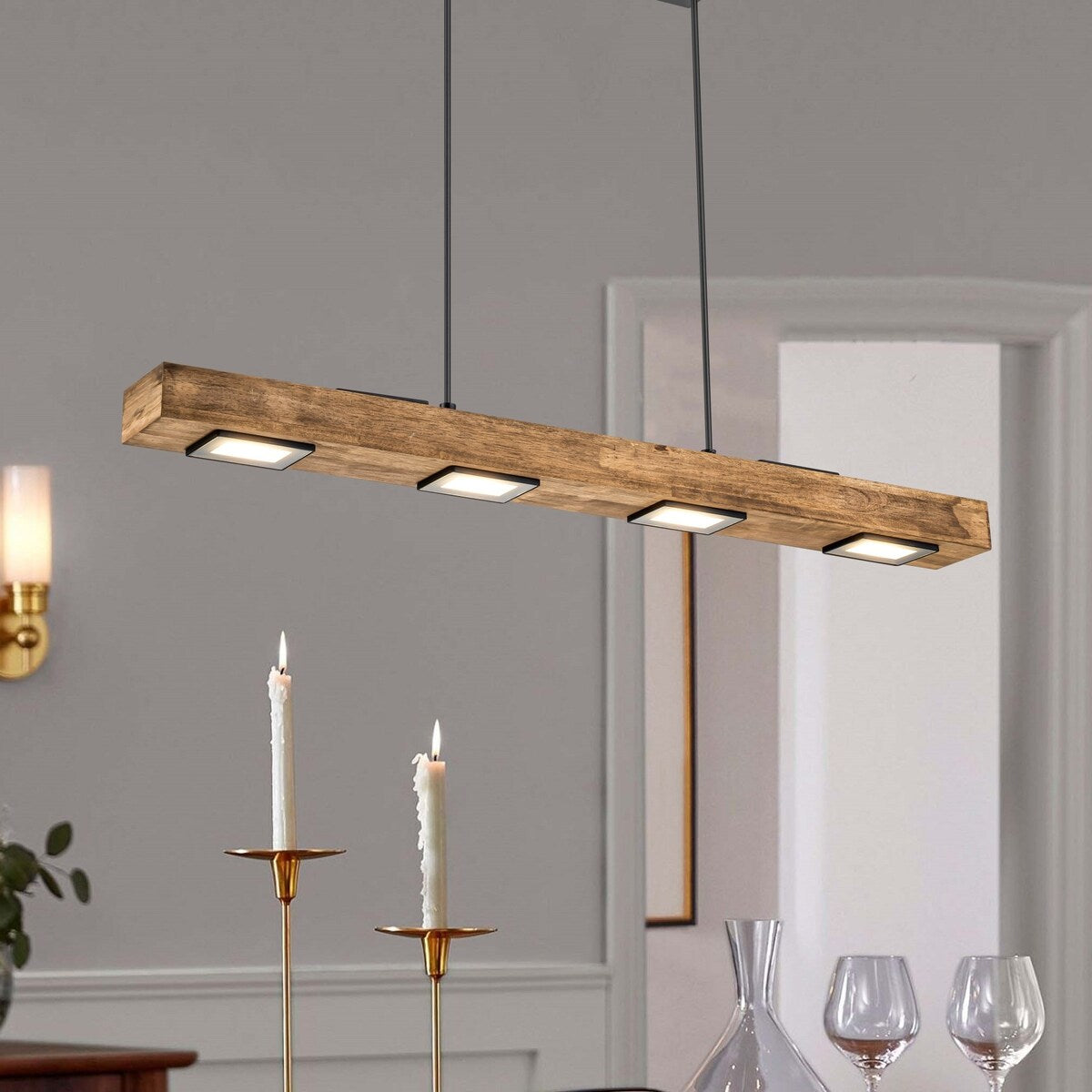 6-Light Modern Farmhouse Brown Wood Linear Integrated LED Island Pendant for Kitchen Dining Room - 31.4 in. L