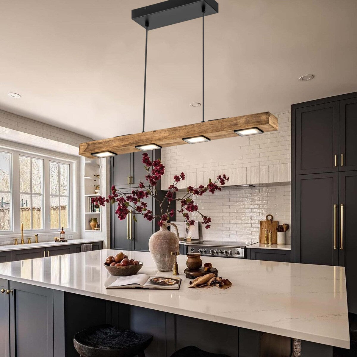6-Light Modern Farmhouse Brown Wood Linear Integrated LED Island Pendant for Kitchen Dining Room - 31.4 in. L