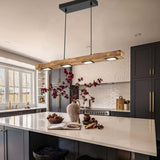 6-Light Modern Farmhouse Brown Wood Linear Integrated LED Island Pendant for Kitchen Dining Room - 31.4 in. L
